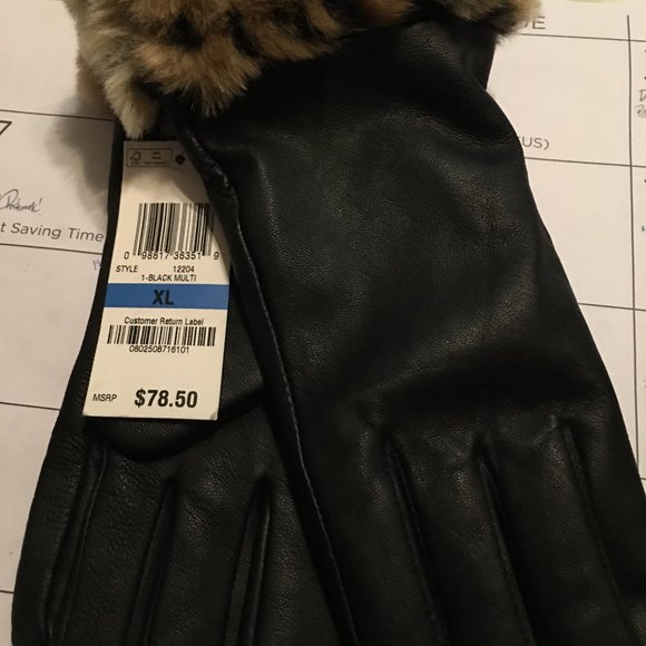 CHARTER CLUB Women Black Leather Glove with Animal Faux Fur Cuff XL - Picture 3 of 3